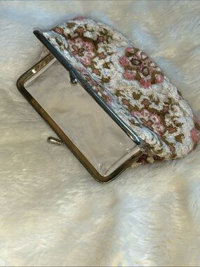 Vintage 1960's MOD chenille carpet bag top clasp make up bag coin purse